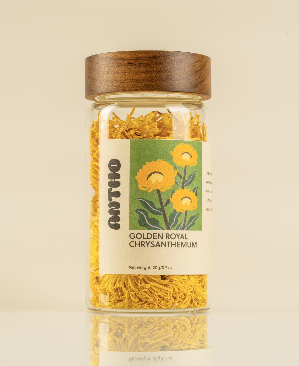 Golden Royal Chrysanthemum single-origin flower tea in glass jar