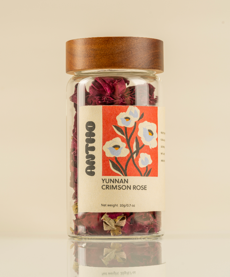 Yunnan Crimson Rose single-origin flower tea from 7000ft highland in glass jar