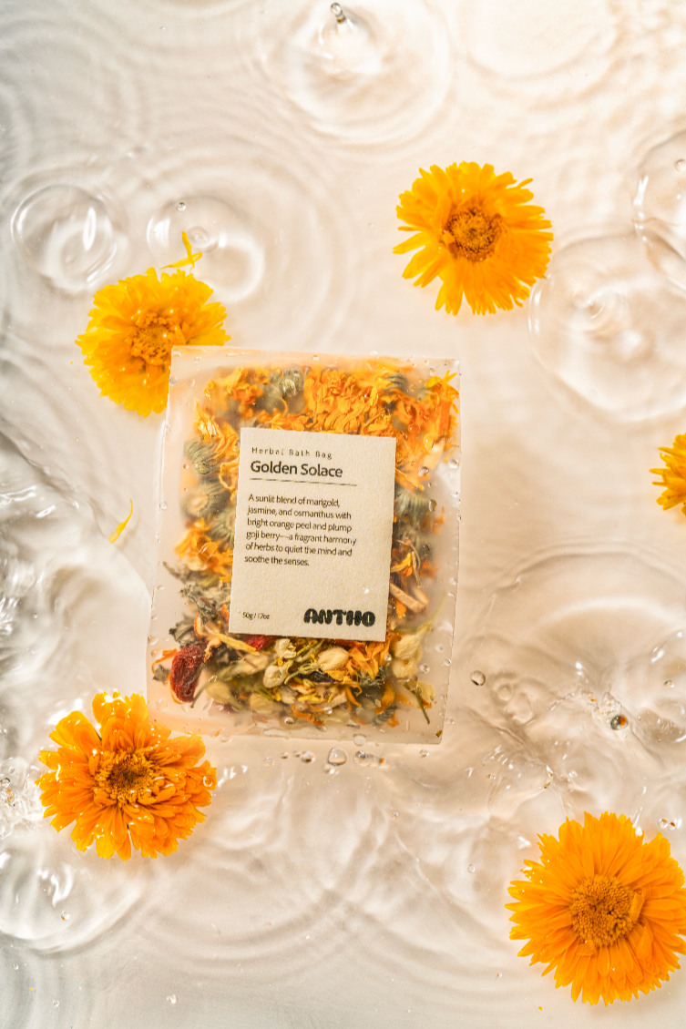 Golden Solace floral botanical bath soak for skin soothing and renewal